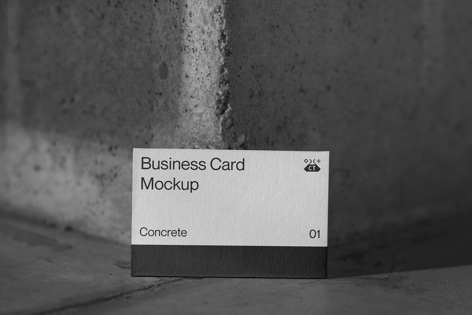 Black and white business card mockup leaning against a concrete wall, minimalistic design style, realistic textures, essential for branding.